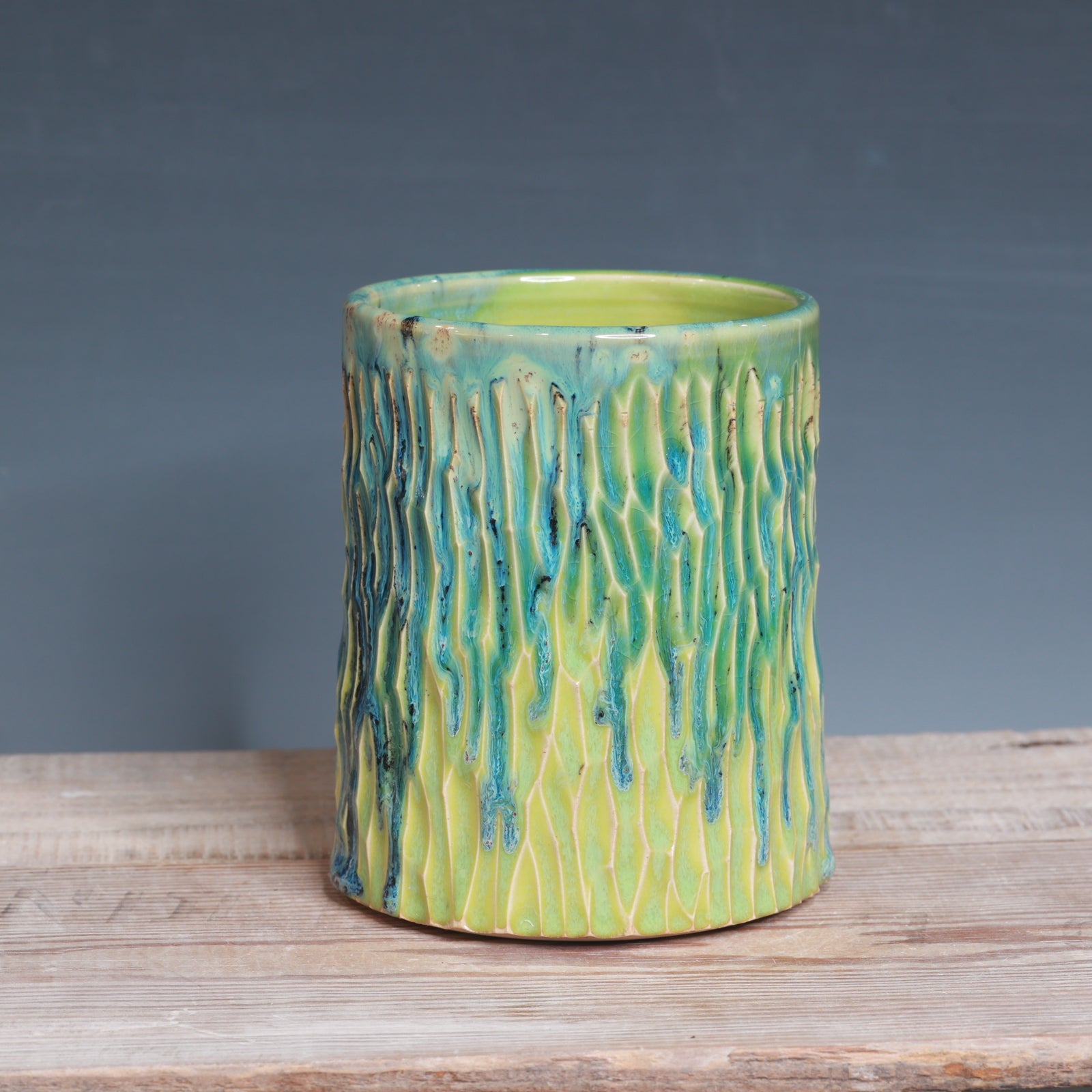 Carved Aurora Green and Green Opal mug 22-23 oz.