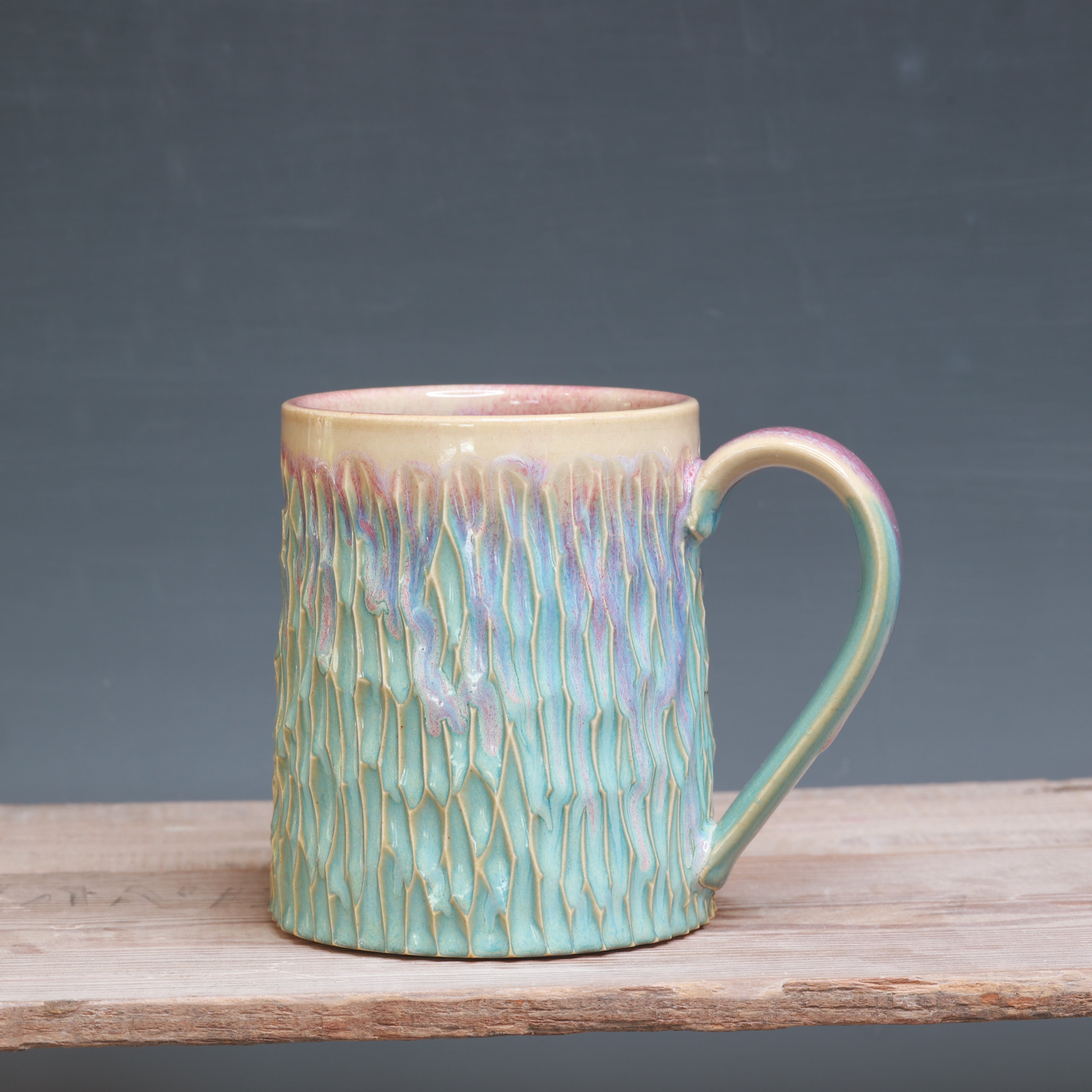 Raspberry Mist over Norse Blue Carved mug 17-18 oz.
