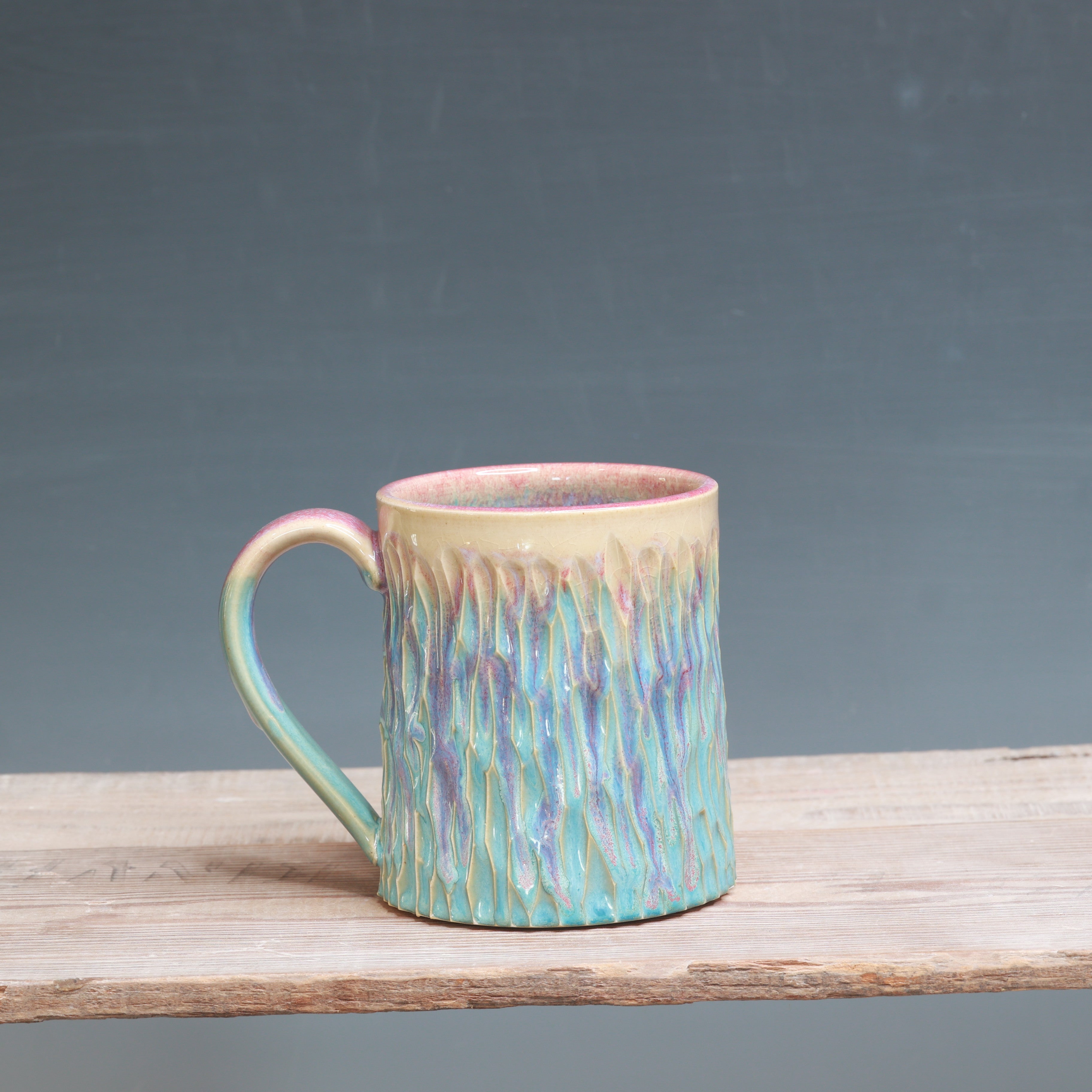 Raspberry Mist over Norse Blue Carved Mug - 14 oz