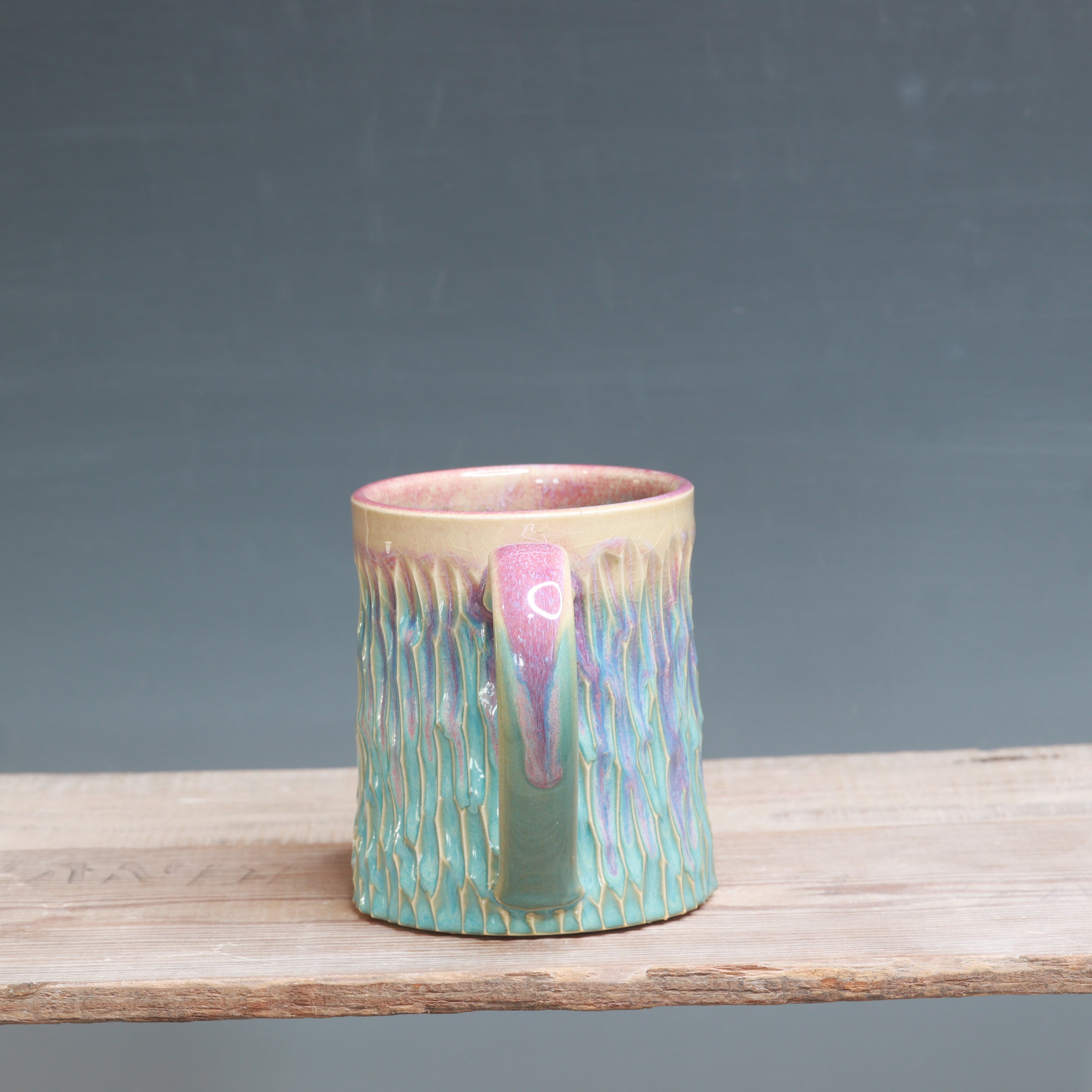 Raspberry Mist over Norse Blue Carved Mug - 14 oz