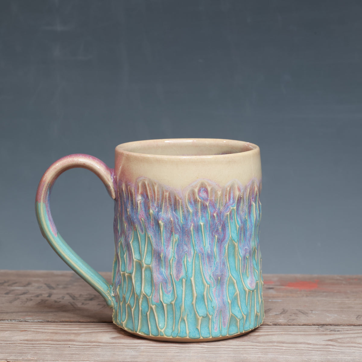 Raspberry Mist over Norse Blue Carved Mug 16 oz.
