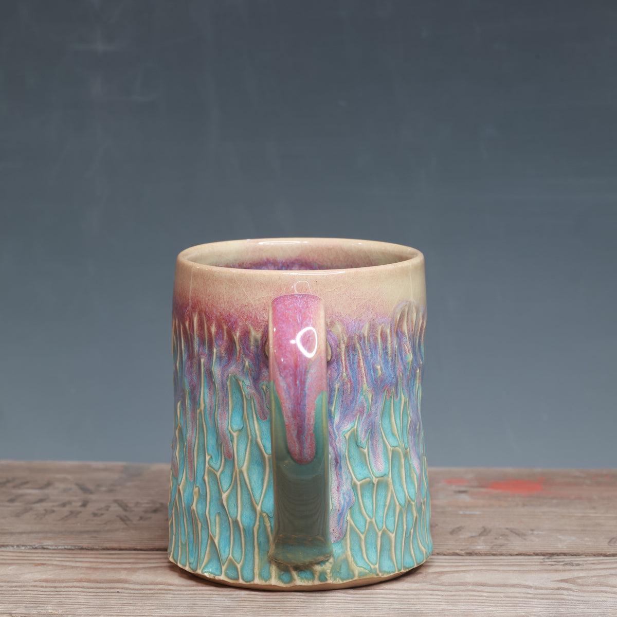 Raspberry Mist over Norse Blue Carved Mug 16 oz.