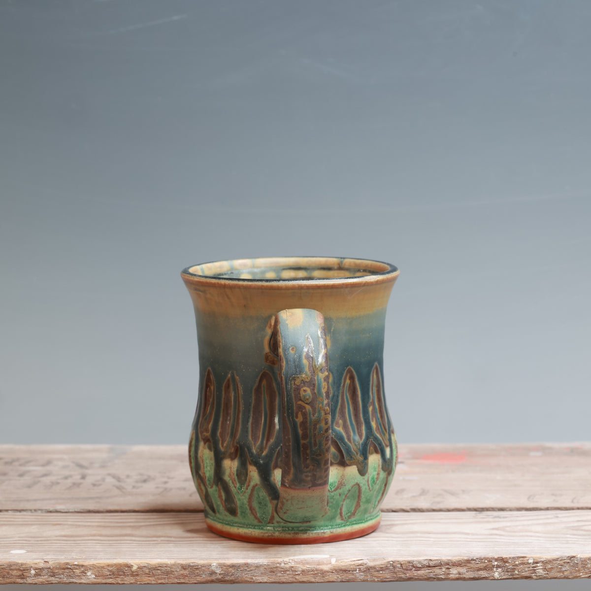 Satin Patina and Blue Ash Carved Mug 13 oz.