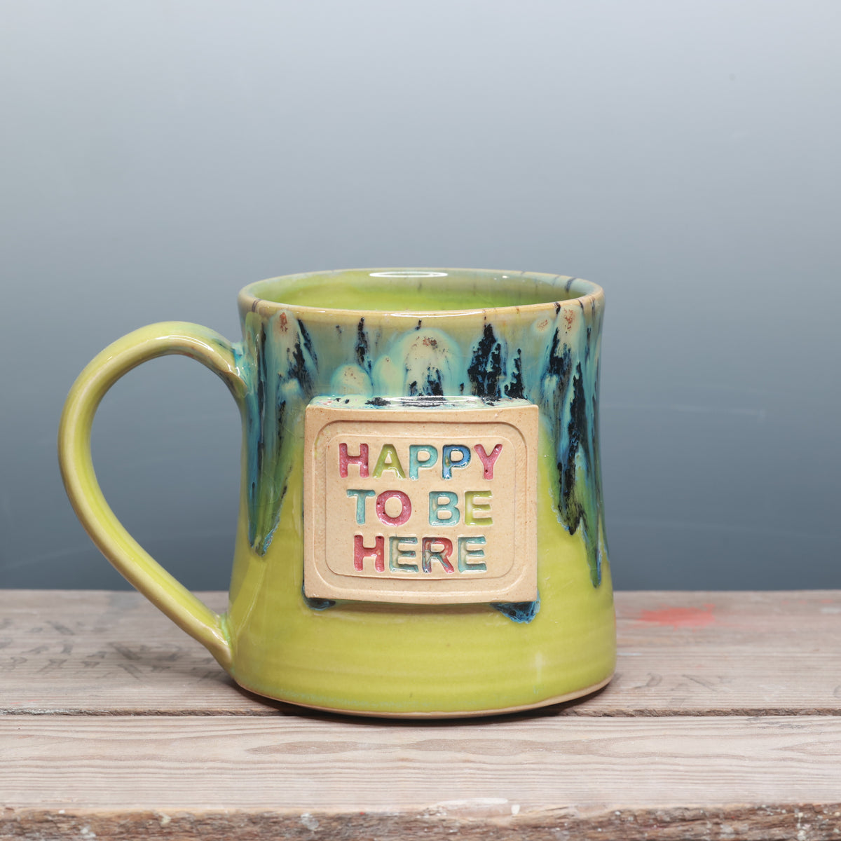Aurora Green and Green Opal Happy to be Here Mug 16-18 oz.