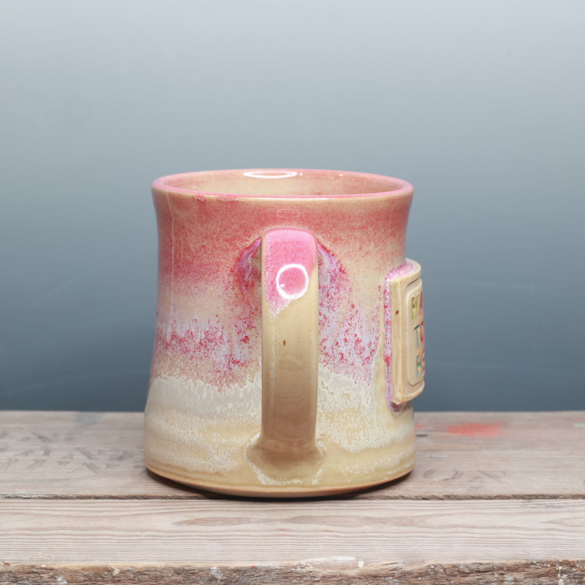 Alabaster and Raspberry Mist Happy to be Here Mug 17-18 oz.