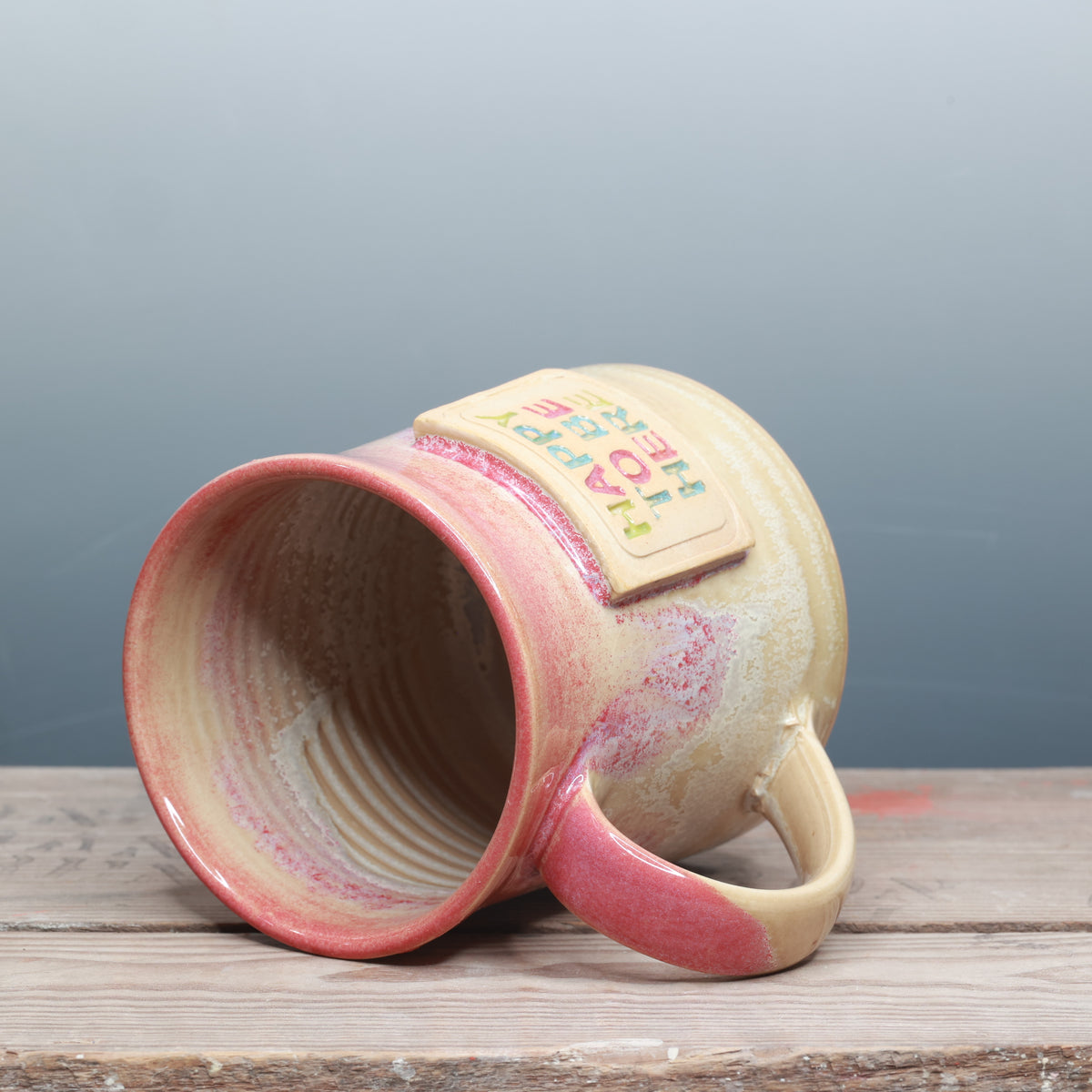Alabaster and Raspberry Mist Happy to be Here Mug 17-18 oz.