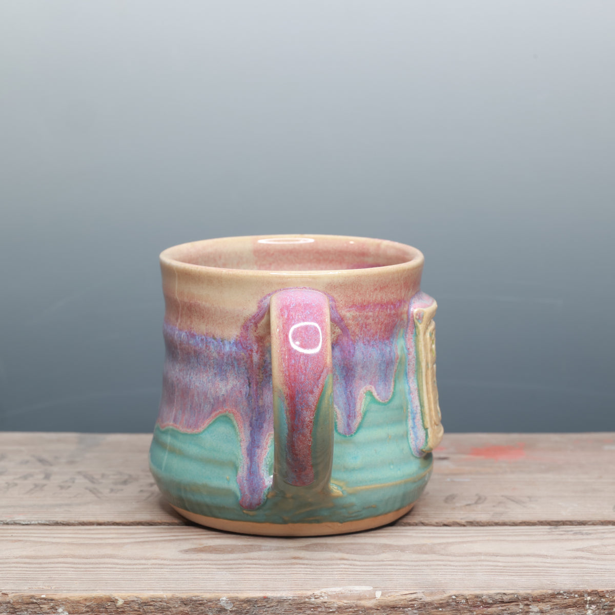 Raspberry Mist and Norse Blue Happy to be Here Mug 13-14 oz.