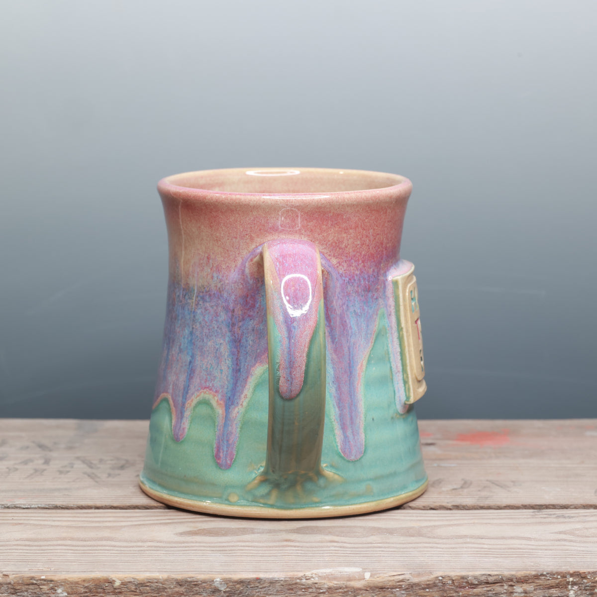 Raspberry Mist and Norse Blue Happy to be Here Mug 16 oz.