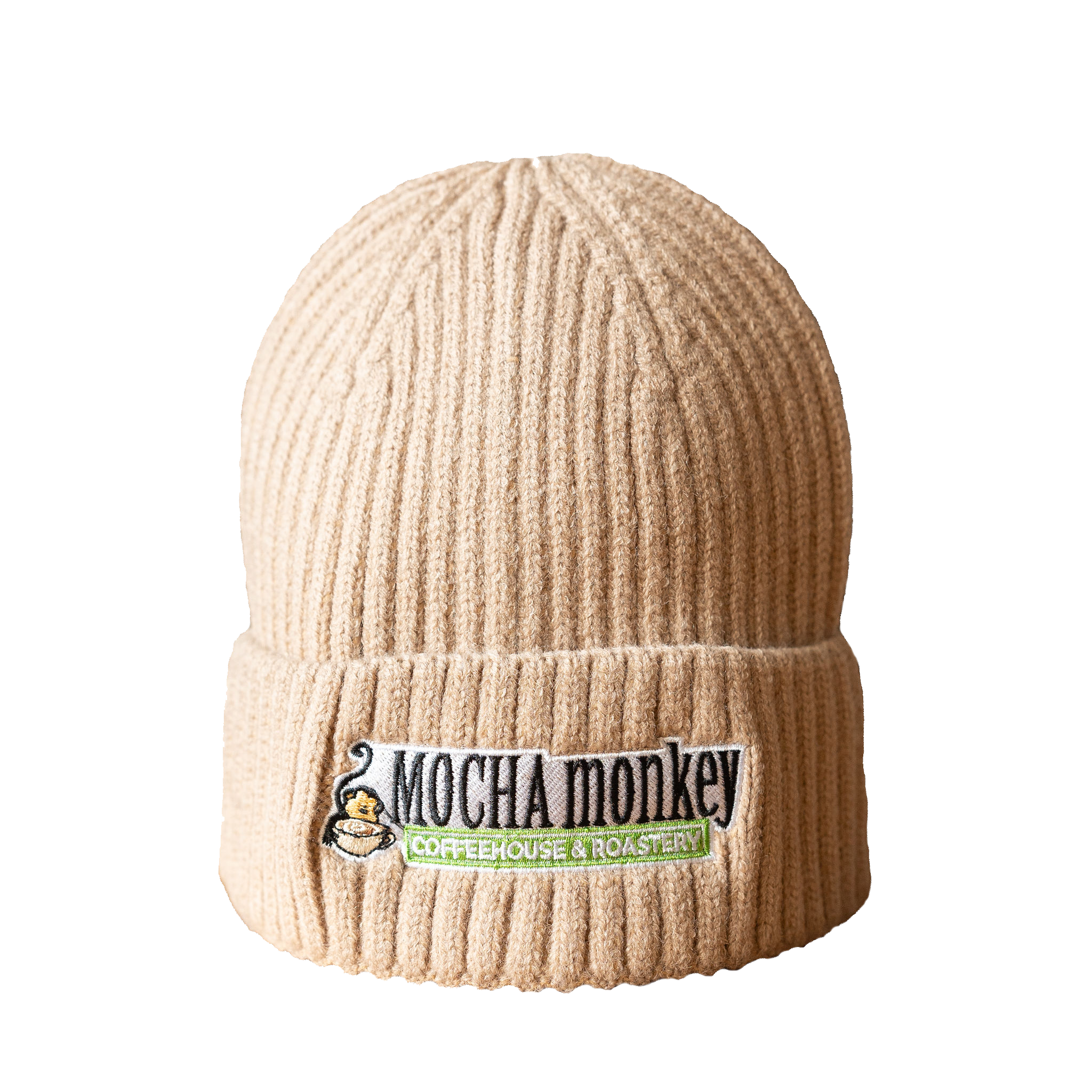 A beige wool winter beanie