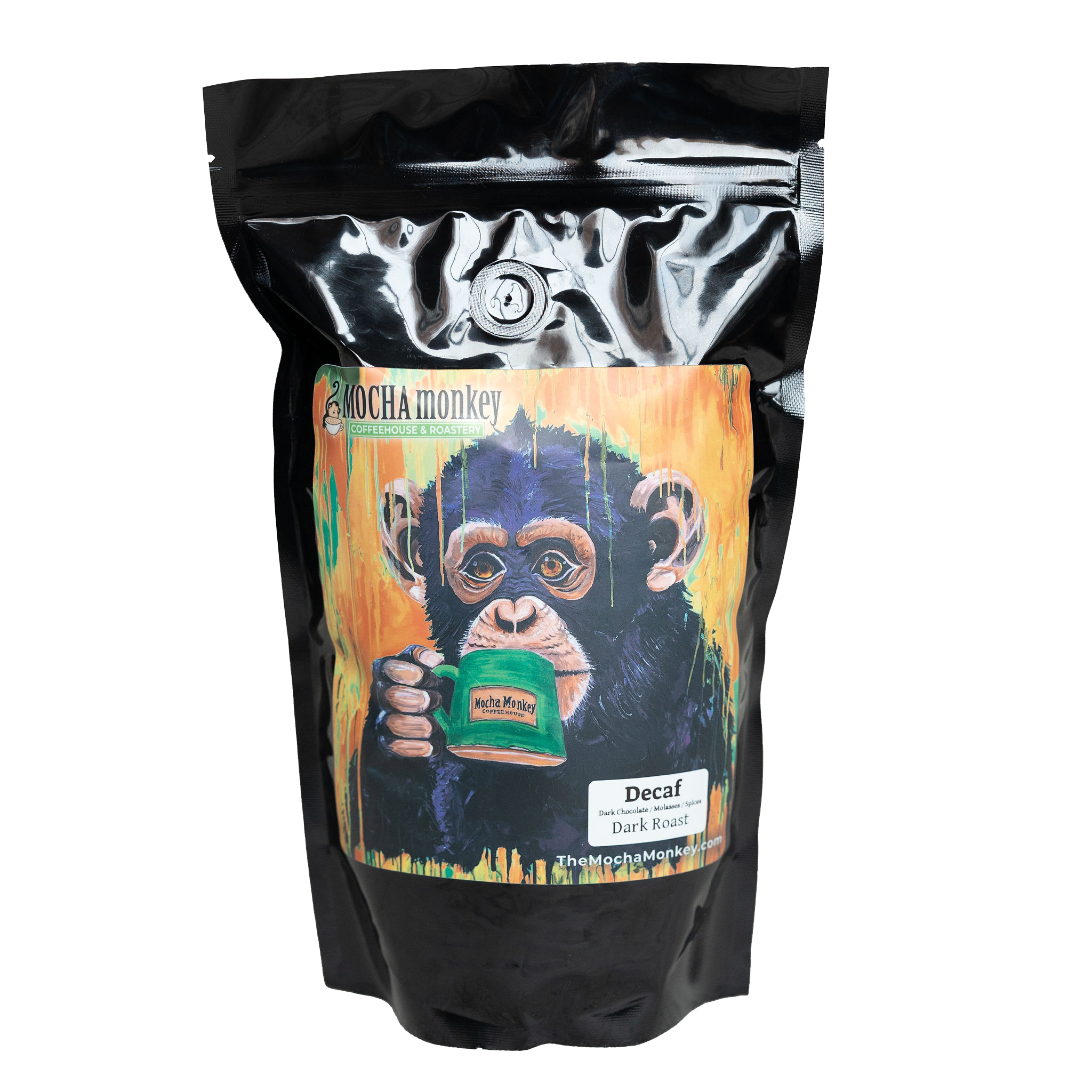 A 12oz bag of Mocha Monkey Decaf