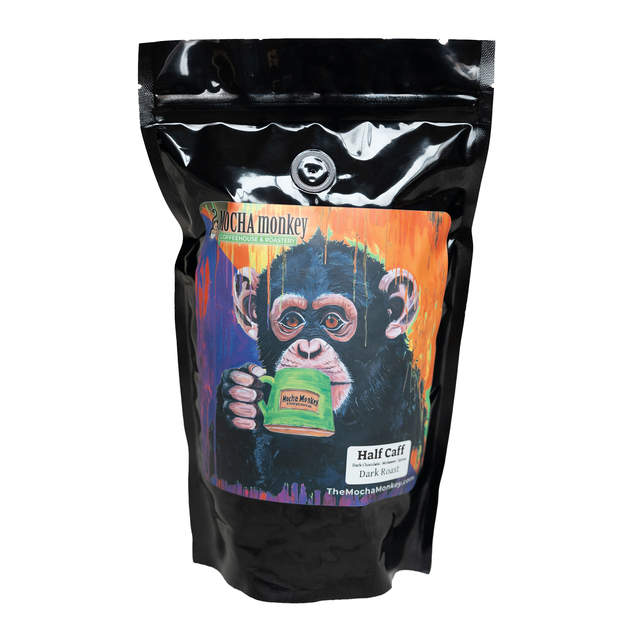 A 12oz bag of Mocha Monkey Half Caff