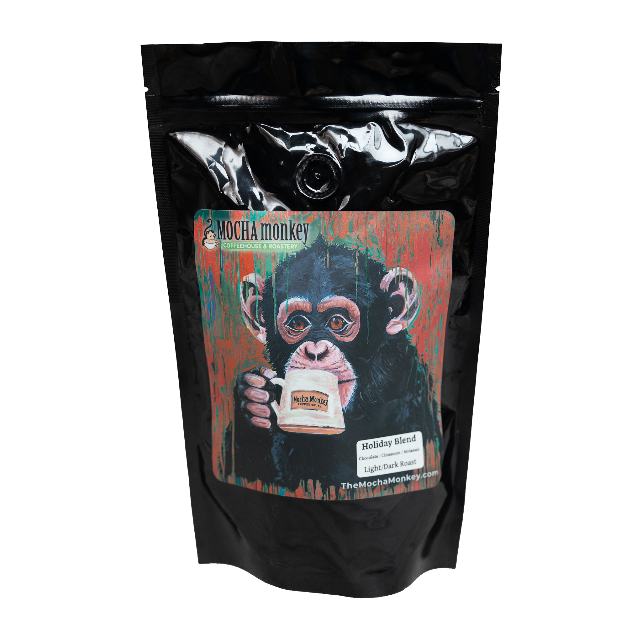 A 12oz bag of Mocha Monkey Holiday Blend