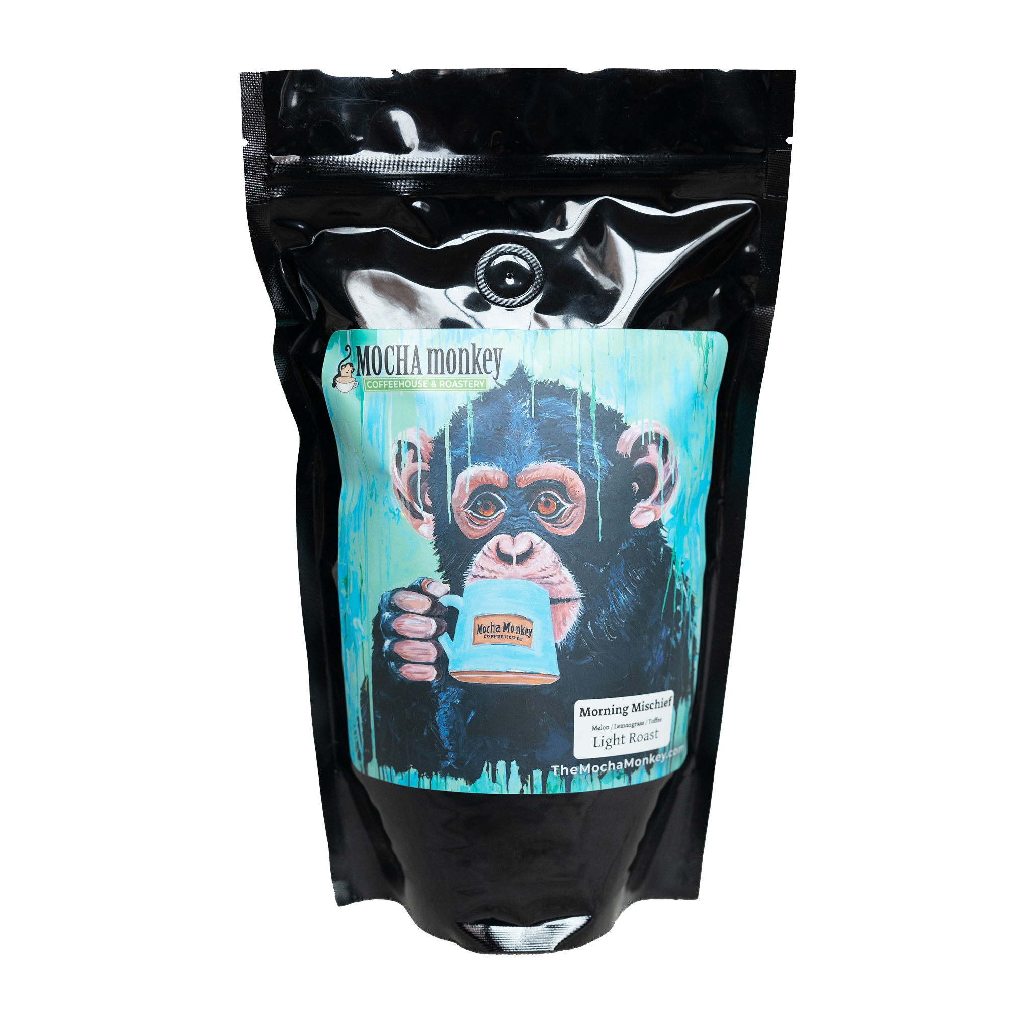 A 12oz bag of Mocha Monkey, Morning Mischief Coffee